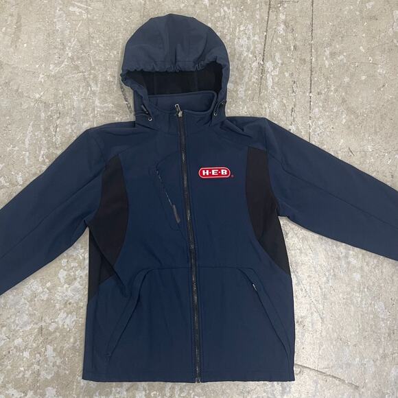 HEB Employee Jacket Mens Medium Blue Black Full Zip Soft Shell Hooded Lined - Picture 3 of 11